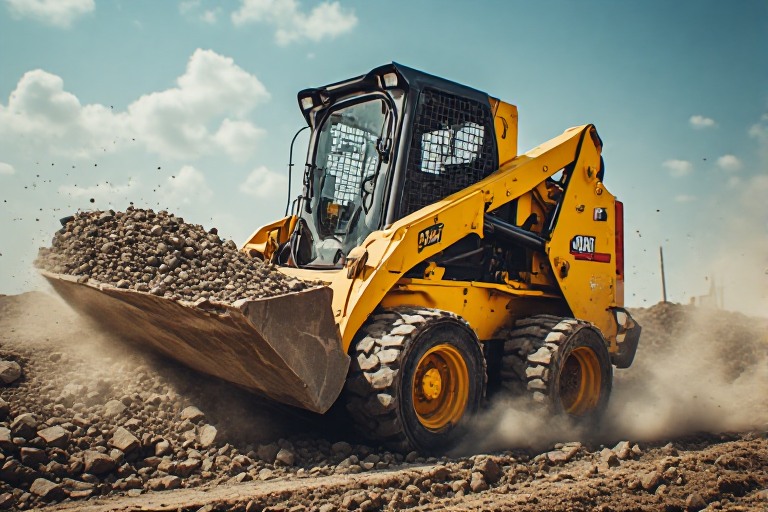 Bobcat skid steer loader moving material at construction site