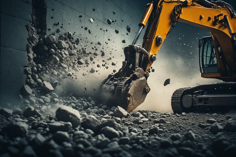 Hydraulic rock breaker machine breaking concrete at demolition site