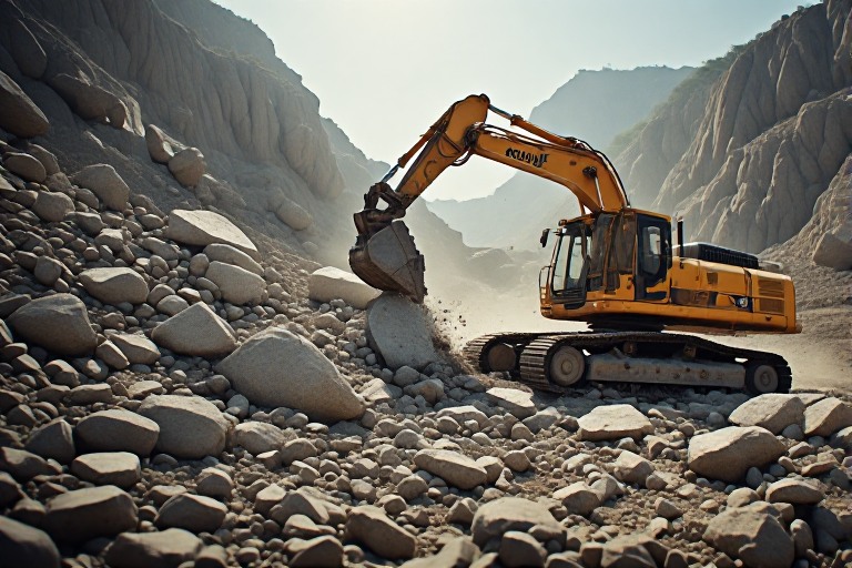 Construction worker operating hydraulic breaker equipment