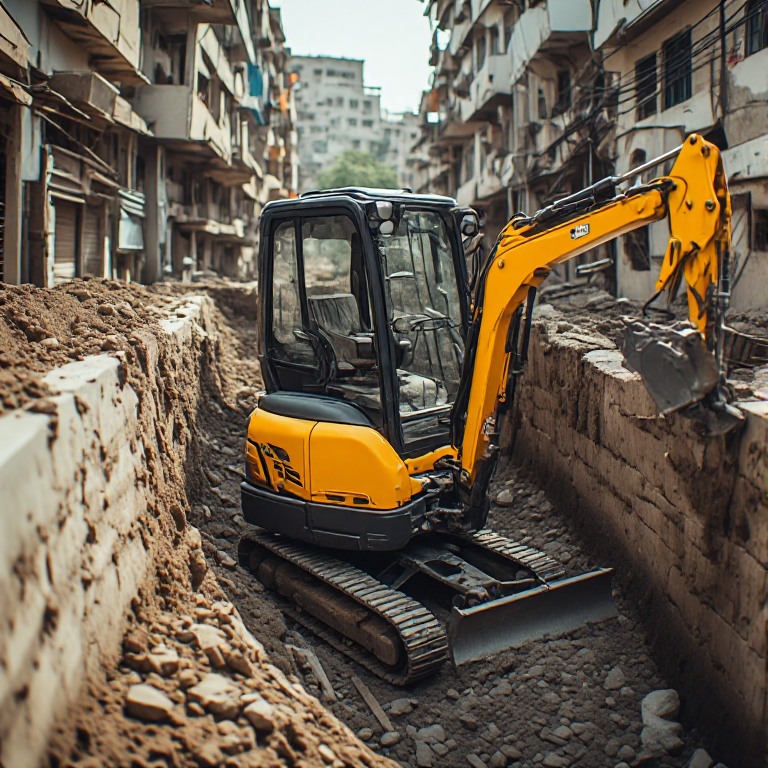 Mini poclain excavator on construction site