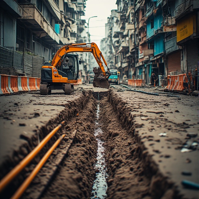 Mini poclain in narrow site excavation