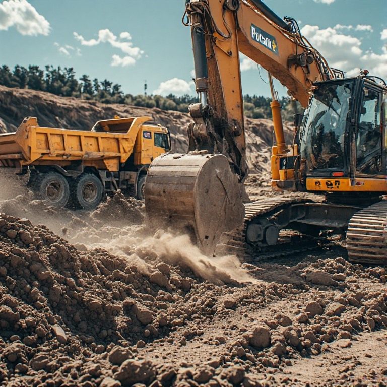 Poclain excavator digging on construction site
