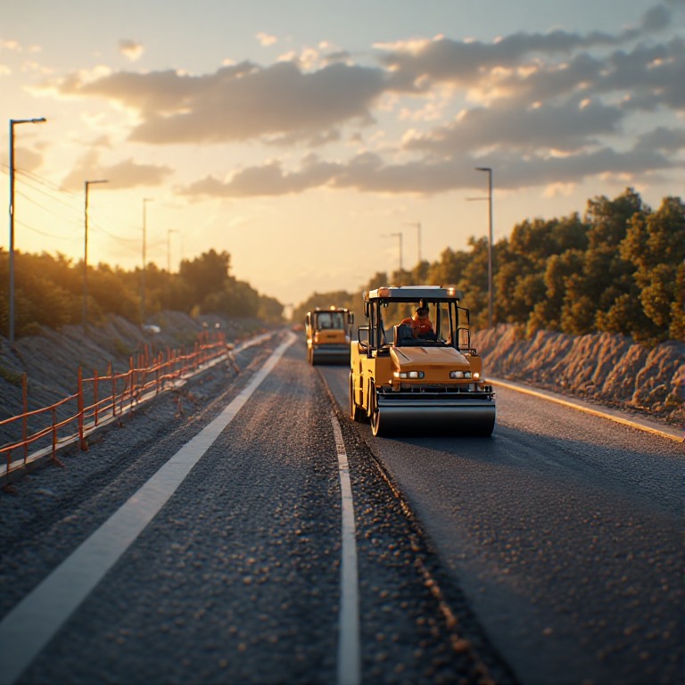 Road construction with roller compactor