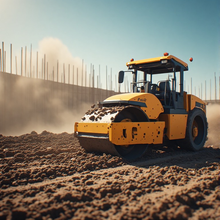 Roller compactor on road construction
