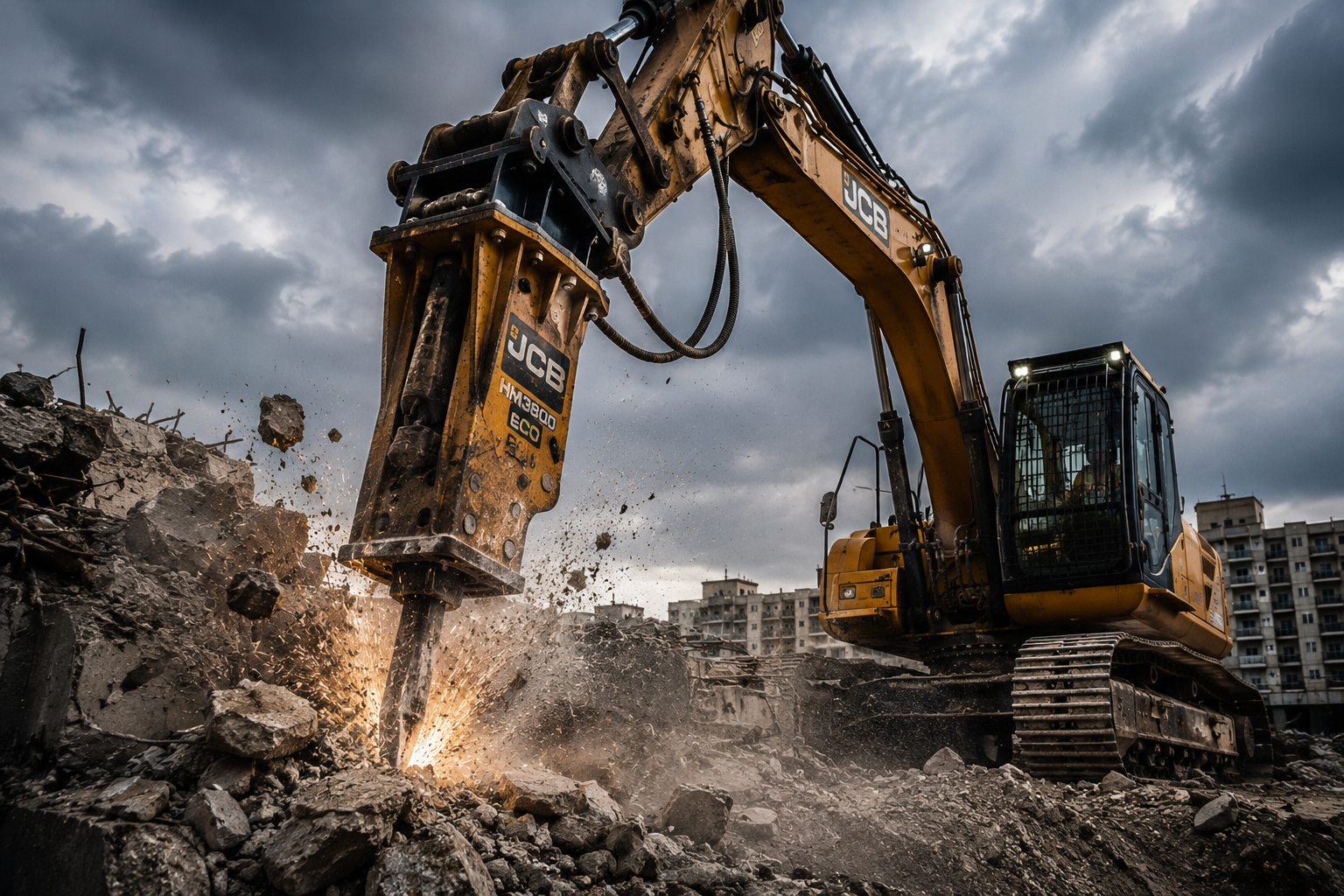Hydraulic rock breaker on excavator breaking concrete at construction site