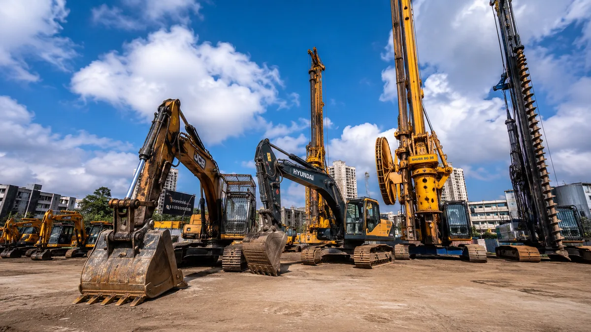 Heavy construction equipment and piling machinery at work