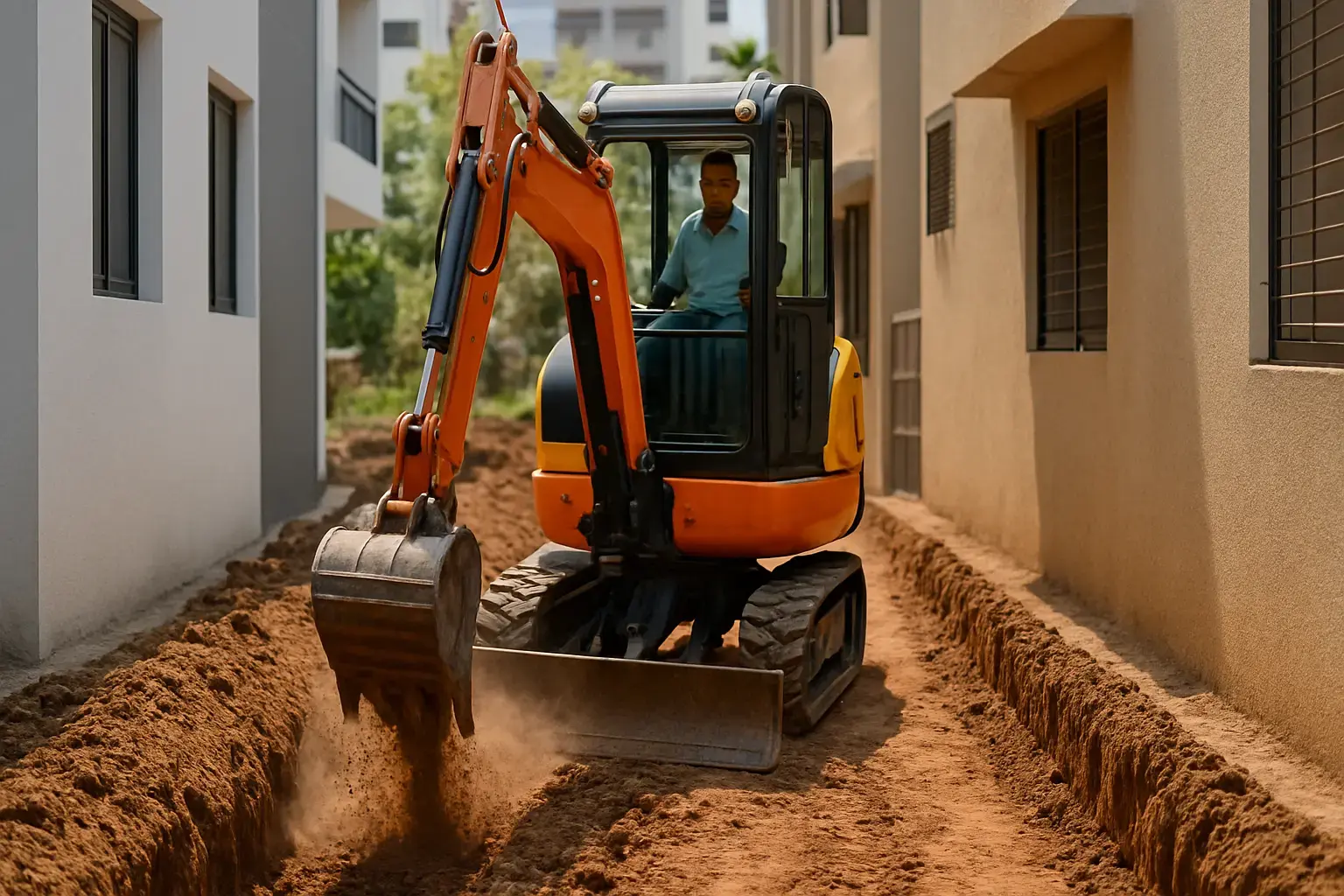 Mini poclain excavator working on narrow construction site in Pune