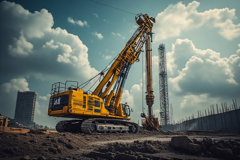 Pile rig machine drilling deep foundation at construction site