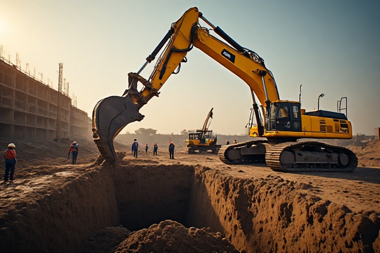 Large poclain excavator on construction site in Pune