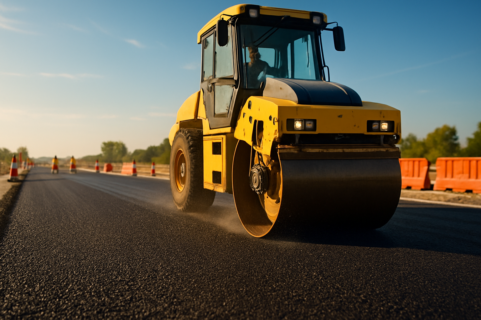 Vibratory roller compacting soil