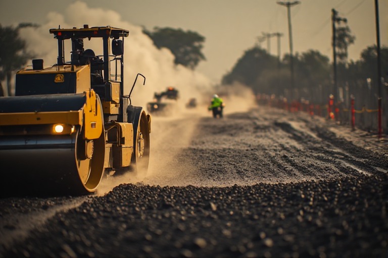 Vibratory road roller compacting asphalt on construction site