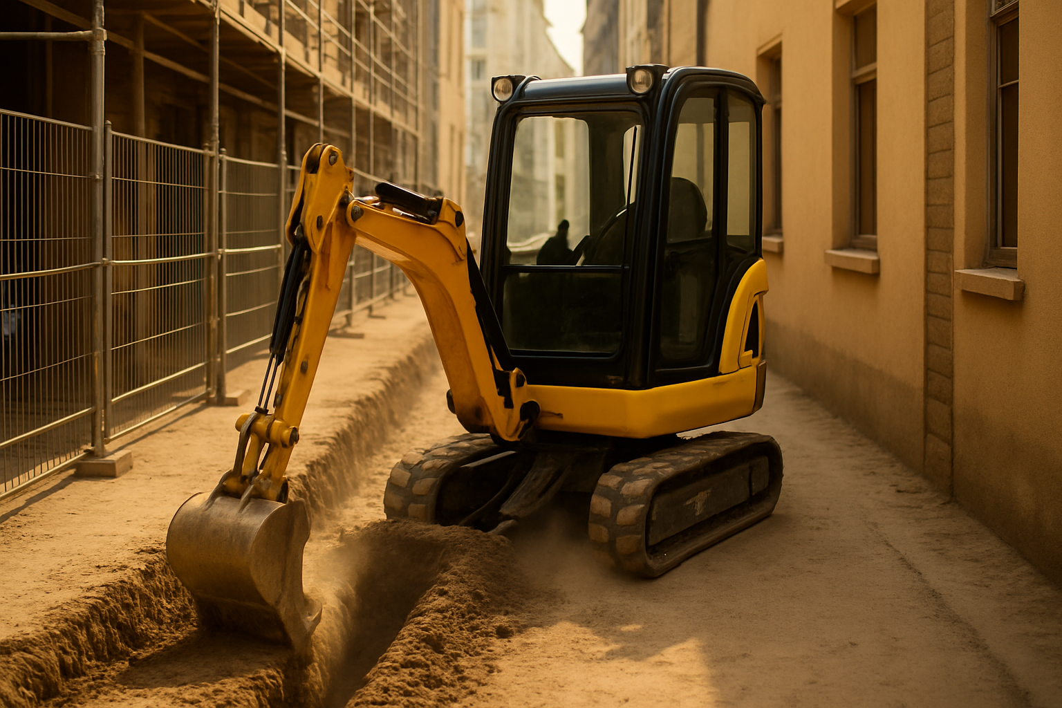 Mini excavator digging trench for utility line installation