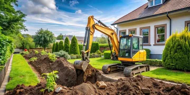 Mini poclain excavator working in tight urban construction space