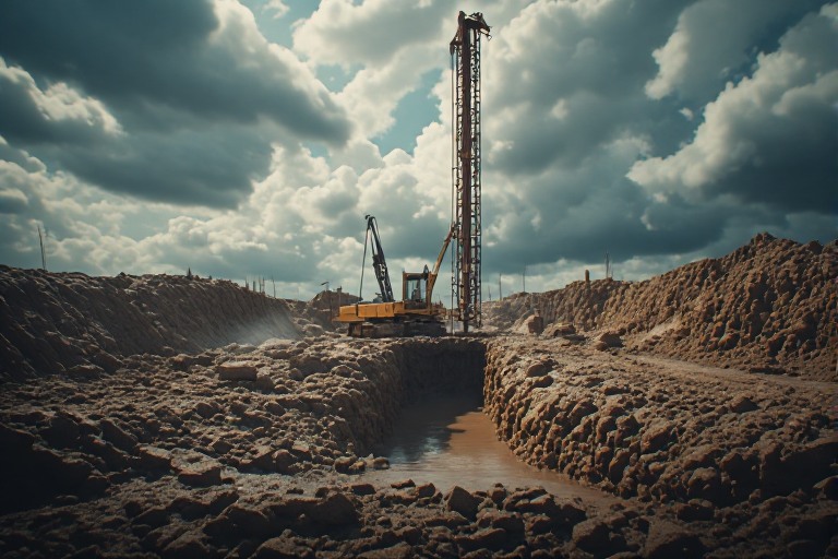 Pile rig machine drilling deep foundation at construction site