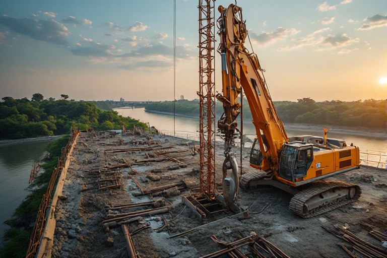 Heavy pile driving rig equipment at infrastructure project