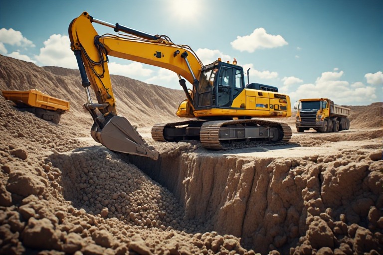 Large poclain excavator digging at construction site