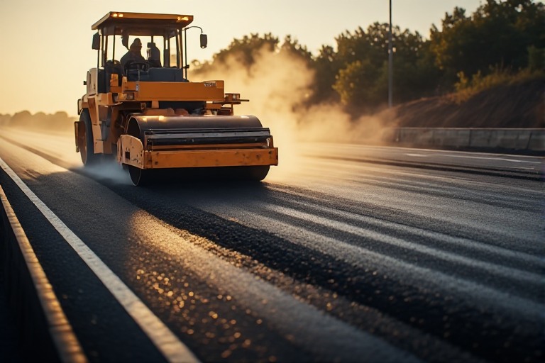 Road roller machine compacting soil at construction site