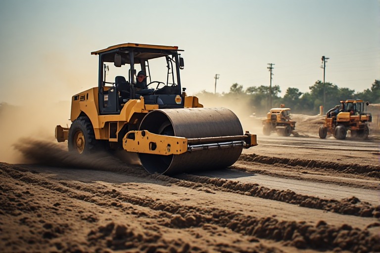 Vibratory road roller compacting asphalt on highway construction