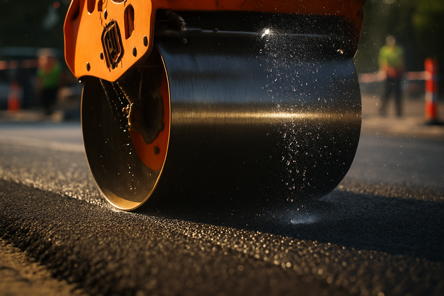 Vibratory roller compacting asphalt at road construction site