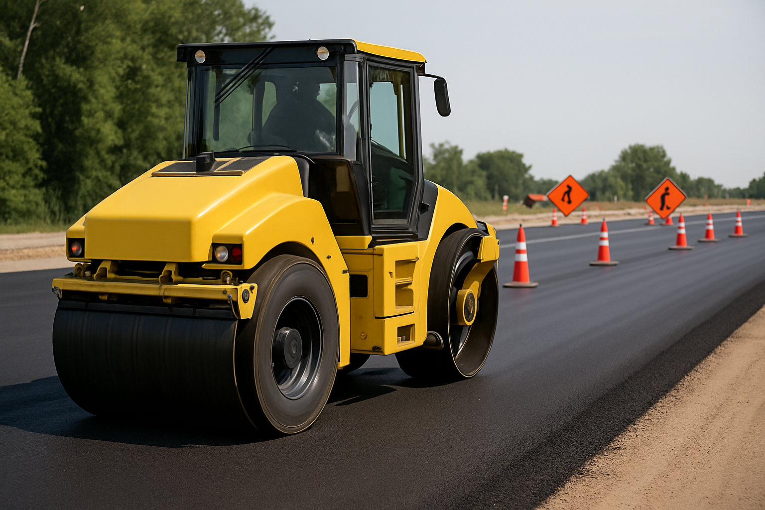 Tandem roller working on asphalt paving project